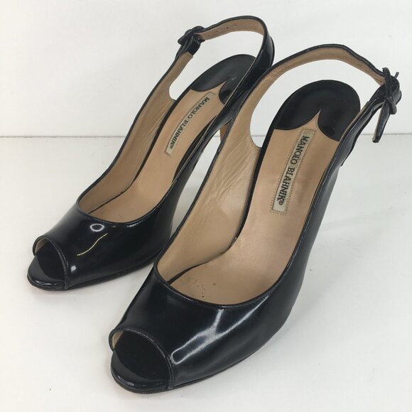 Manolo Blahnik Patent Leather Peep Toe Slingback Black Pumps Size 40.5 - Picture 2 of 9